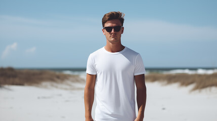 Man wearing a white colored T-shirt posing at the beach