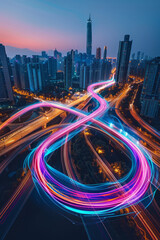 Curvy expressways cut through the cityscape, stretching into the distance. Rather than traditional vehicle lights, the expressways are illuminated with vibrant, swirling lights