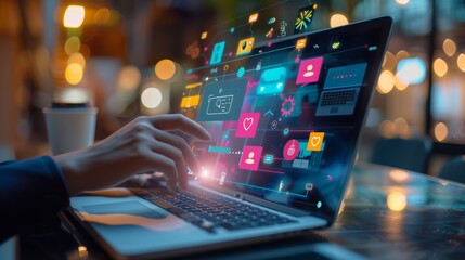 Marketer designs digital strategy with mind maps and icons on laptop, highlighting new techniques.