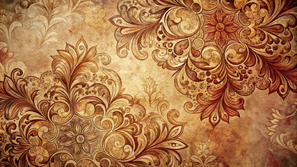 Ornate Floral Pattern with Intricate Leaves and Flowers in Warm Tones - Detailed Antique Design for Vintage Wallpaper or Textile Prints.
