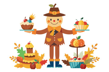 A man in a pumpkin costume holding a tray of food. The food includes a cake, apples, and other fruits