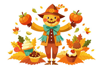 A pumpkin carving artist is holding two pumpkins and a cupcake. The scene is set in a fall setting with leaves on the ground