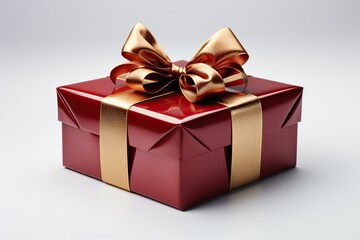Obraz premium Red gift box with shiny gold ribbon on white background.