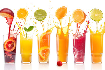 Collection of fruit juice colorful splashes isolated on white background.
