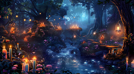 Fototapeta premium A fantasy forest with glowing candles and lanterns, creating an enchanting atmosphere, surrounded by magical creatures in the moonlight
