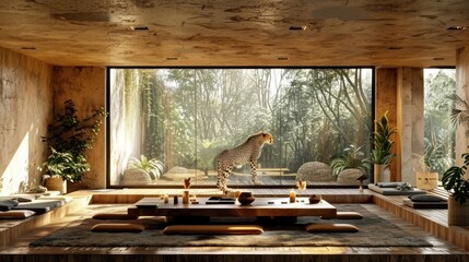 Minimal dining room with a cheetah standing by the window