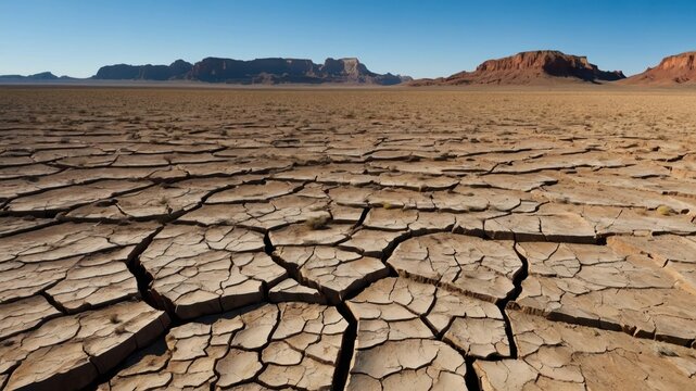Cracked and barren land under a clear sky with distant mountains on the horizon