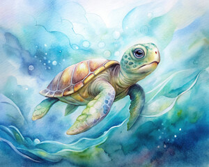 An enchanting scene of a baby turtle swimming in a transparent watercolor sea, showcasing its grace