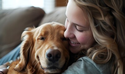 woman and her golden retriever dog relaxing on a couch, Generative AI