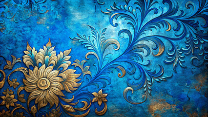 Intricate Floral Pattern with Baroque Influence on Textured Blue Background - Ornate Gold and Light Blue Accents Highlighting Detailed Artistry for Decorative Arts or Pattern Design.