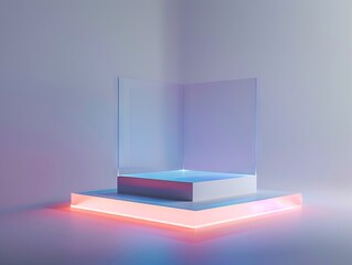 A glass cube with neon lights on it.