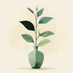 Green plant in vase on beige background