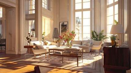 Fototapeta premium A living room with large windows.