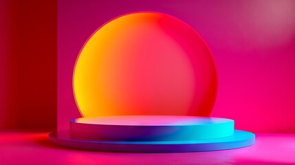 A bright pink and blue stage with a spotlight.