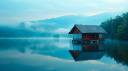 Obraz premium A small house sits on the edge of a lake.