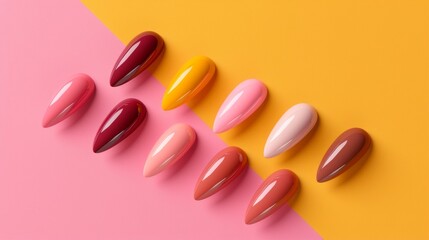 Background of arranged diverse nails wear armor with manicure in fashion popular colors. Elegant acrylic beautiful gel polish stiletto nail manicure for spa salon web advertising branding banner