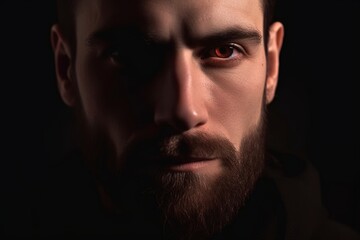 close-up portrait of handsome bearded man on the black background. the man in shadow with copy space