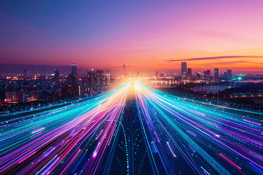 Two parallel expressways cutting through the cityscape, stretching into the distance. Rather than traditional vehicle lights, the expressways are illuminated with vibrant, swirling lights