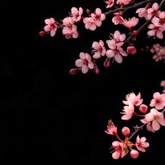 branching cherry blossom design with soft pink petals branching on black background
