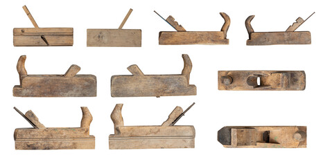 Collection of vintage wooden planers isolated  on transparent background. 