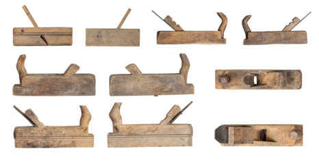Collection of vintage wooden planers isolated  on transparent background. 