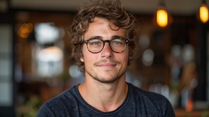 Obraz premium A man wearing glasses smiles while seated at a table in a restaurant