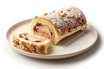 Apple Cranberry Filled Cake Roll with Cream Cheese Frosting and Walnut Garnish