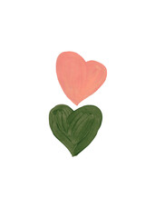 Hearts in a modern style. Green and peach. Geometric element. Abstract painting with acrylic and flat brush. Collection of doodles. White background