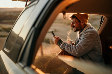 A man sits in the trunk of a car and pouring a hot coffee