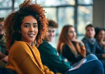 Confident Young Woman Smiling at a Group Meeting or Seminar