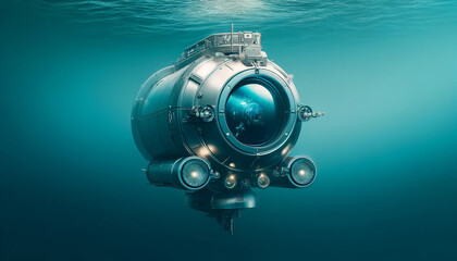 A futuristic submarine is floating in the ocean. The submarine is surrounded by water and has a large window on the front. Scene is futuristic and adventurous