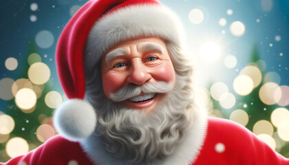 A cartoonish version of Santa Claus is smiling and wearing a red hat. The image has a festive and cheerful mood, likely intended for a holiday-themed setting