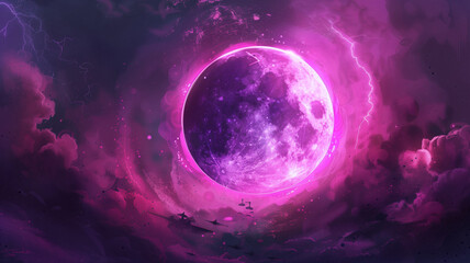 Witchy and cyberpunk style illustration of a solar eclipse moon with pastel pink and purple tones. dark and mysterious background.