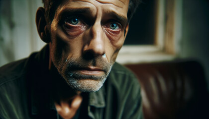 A man with a sad expression on his face. He is wearing a green shirt. The image has a melancholic mood