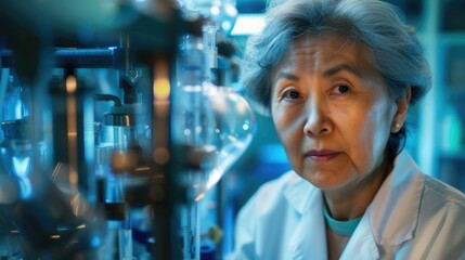 The picture of the senior asian female scientist in her early 60s working inside the laboratory, the scientist require skills like the science knowledge, critical thinking and research skill. AIG43.