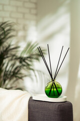 Aroma diffuser bottle with sticks in living room