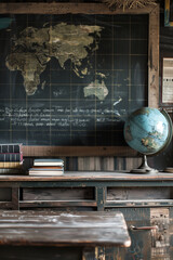 Globe on the table with chalkboard.