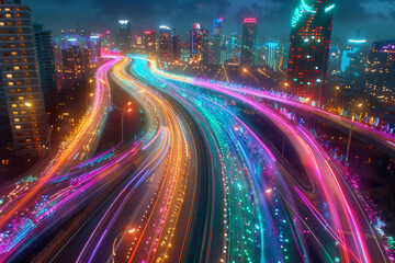 Two parallel expressways cutting through the cityscape, stretching into the distance. Rather than traditional vehicle lights, the expressways are illuminated with vibrant, swirling lights