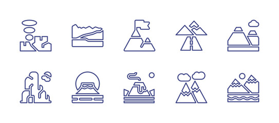 Mountain line icon set. Editable stroke. Vector illustration. Containing goal, mountains, mountain, fujimountain, nationalpark, road, volcano.