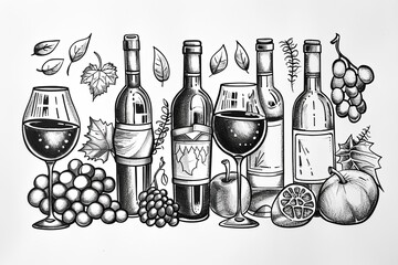 wine related art cute doodles black on white background illustration