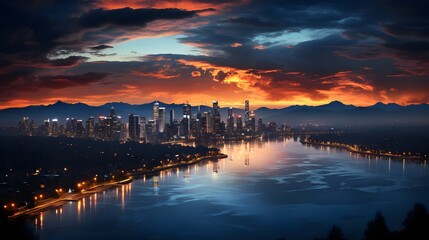 Fototapeta premium Aerial cityscape at sunset from birds-eye perspective 