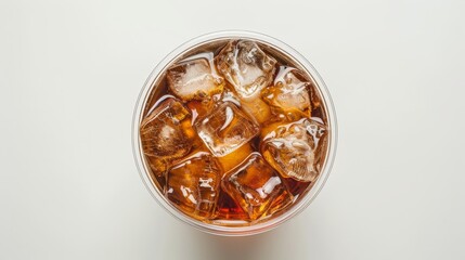 Transparent plastic cup with iced coffee, viewed from above, demonstrating product quality with a lid, isolated for clear display