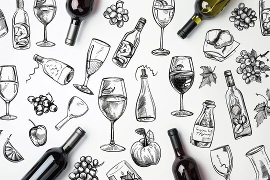 wine related art cute doodles black on white background illustration