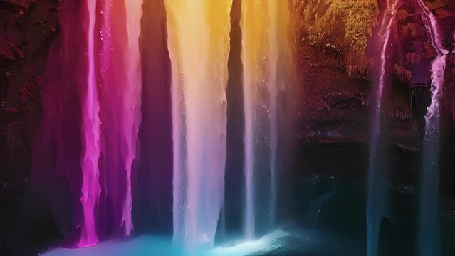 A surreal scene of a waterfall aglow in vibrant shades brought to life by the firefall phenomenon.