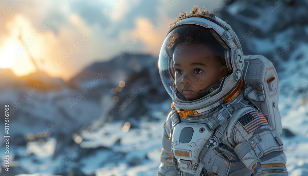 Poster a child in a space suit is walking through space by ai generated image