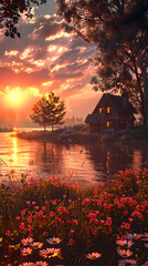 Natural Symphony: Scenic Lake, Ghostly Cottage and Blooming Wildflowers at Sunset