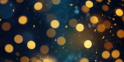 abstract background with dark blue and gold particles. Christmas and new year golden light particles illuminate bokeh in the background.