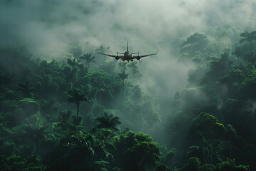 Naklejka premium Cinematic photo of airplane with foggy forest in background