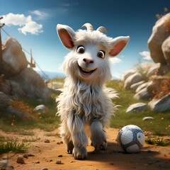 Funny goat with a soccer ball. 3d render illustration.