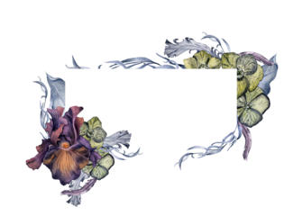 Gothic floral frame and feathers hand drawn. Watercolor purple Iris and hellebore flowers isolated on white. Dark botanical wedding decoration in vintage style. Element for invitation, backdrop, card